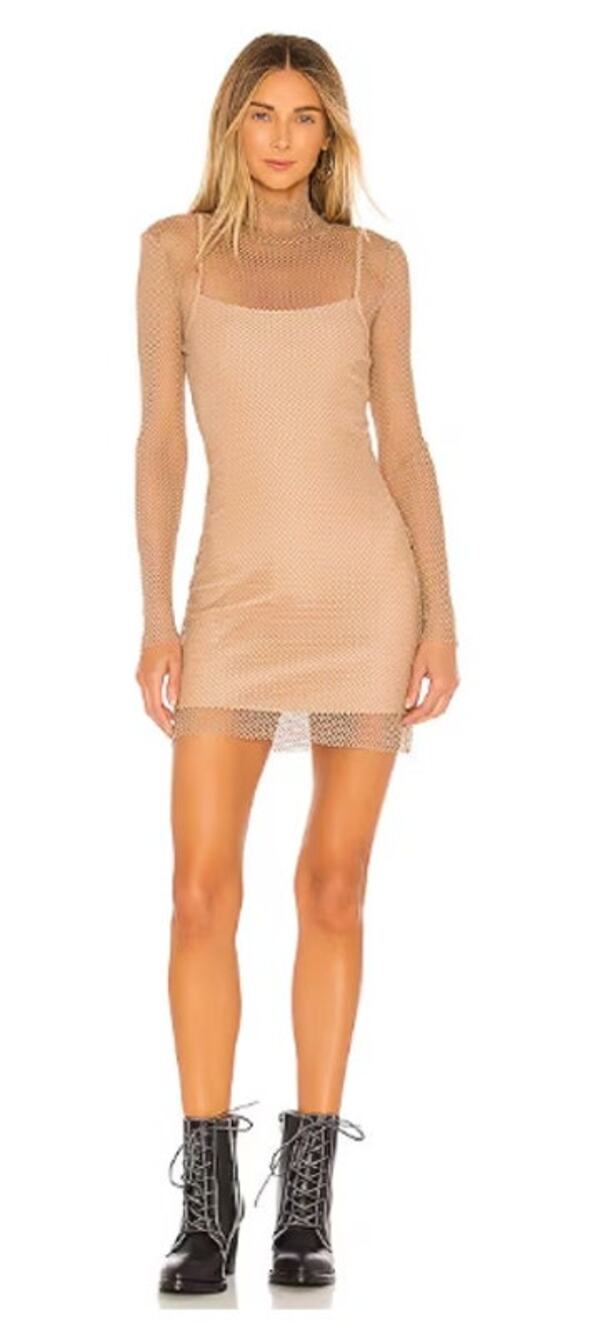 h:ours Hype Dress Nude Mesh Mock Neck Long Sleeve Bodycon Mini XXS NWOT
